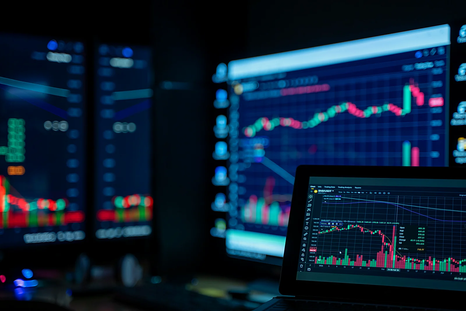 Charts on screens in a dark trading room &mdash; where the Easy Journal lives
