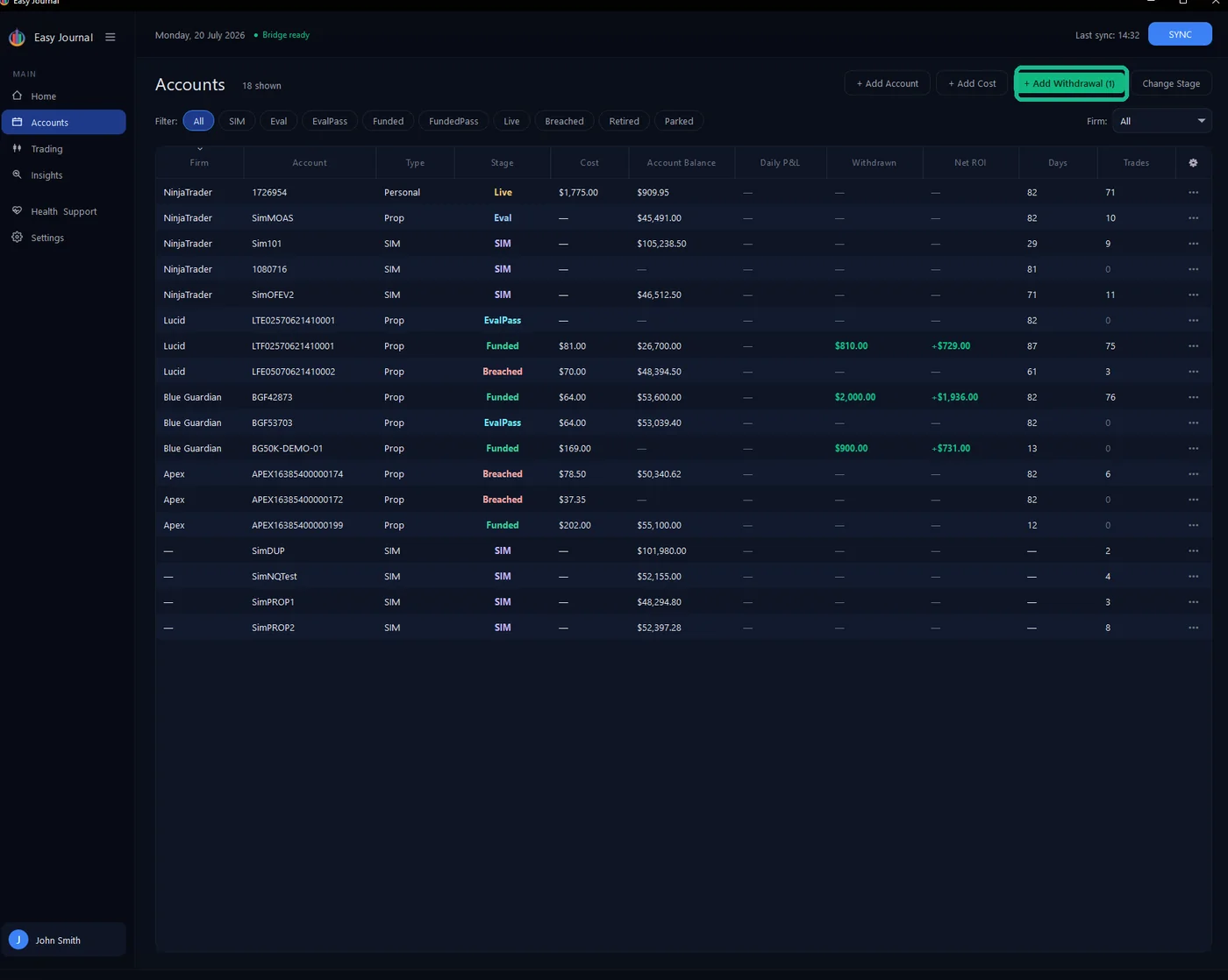 Target reached - the button goes green and counts the accounts ready for a payout.
