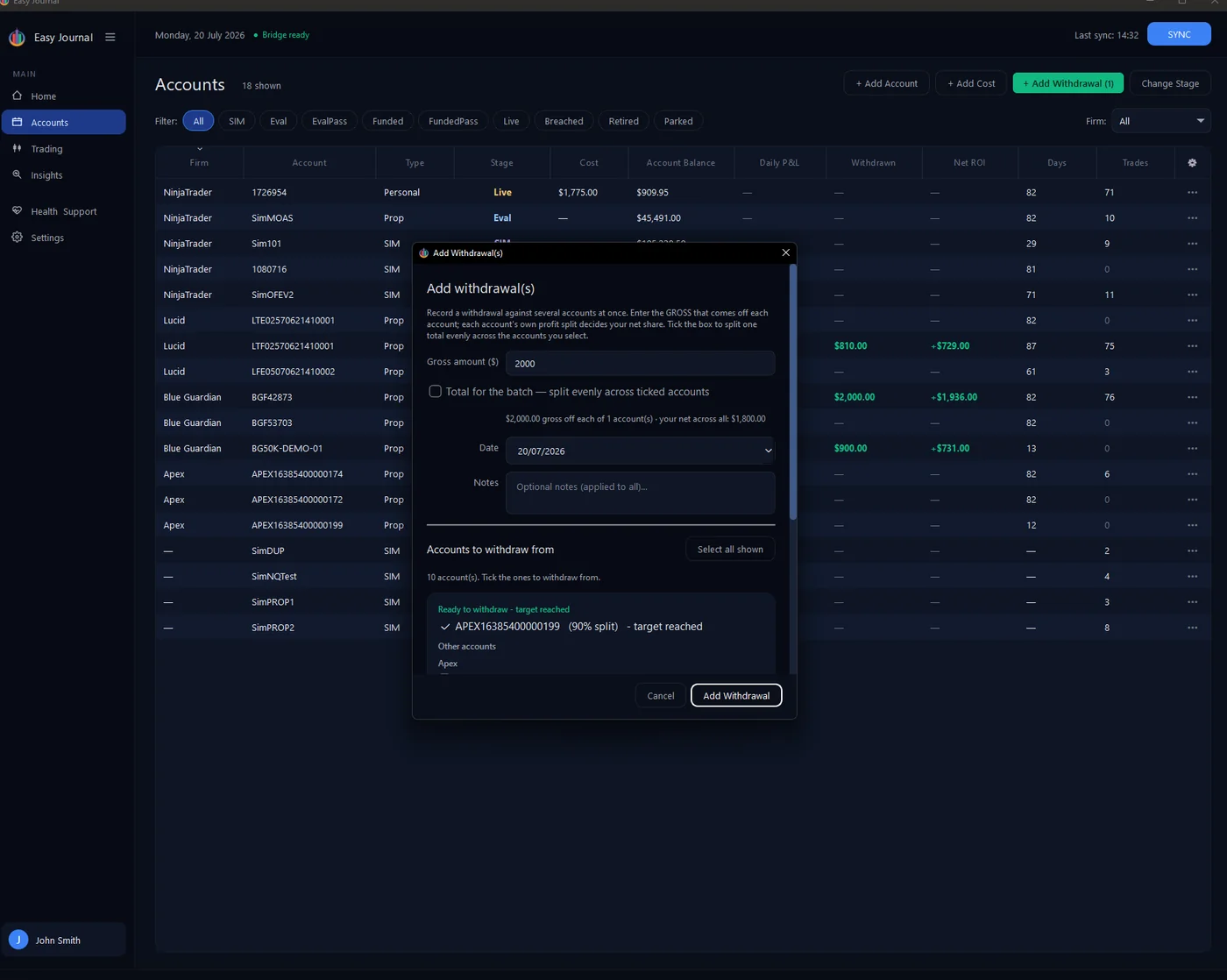 Add a Withdrawal screenshot