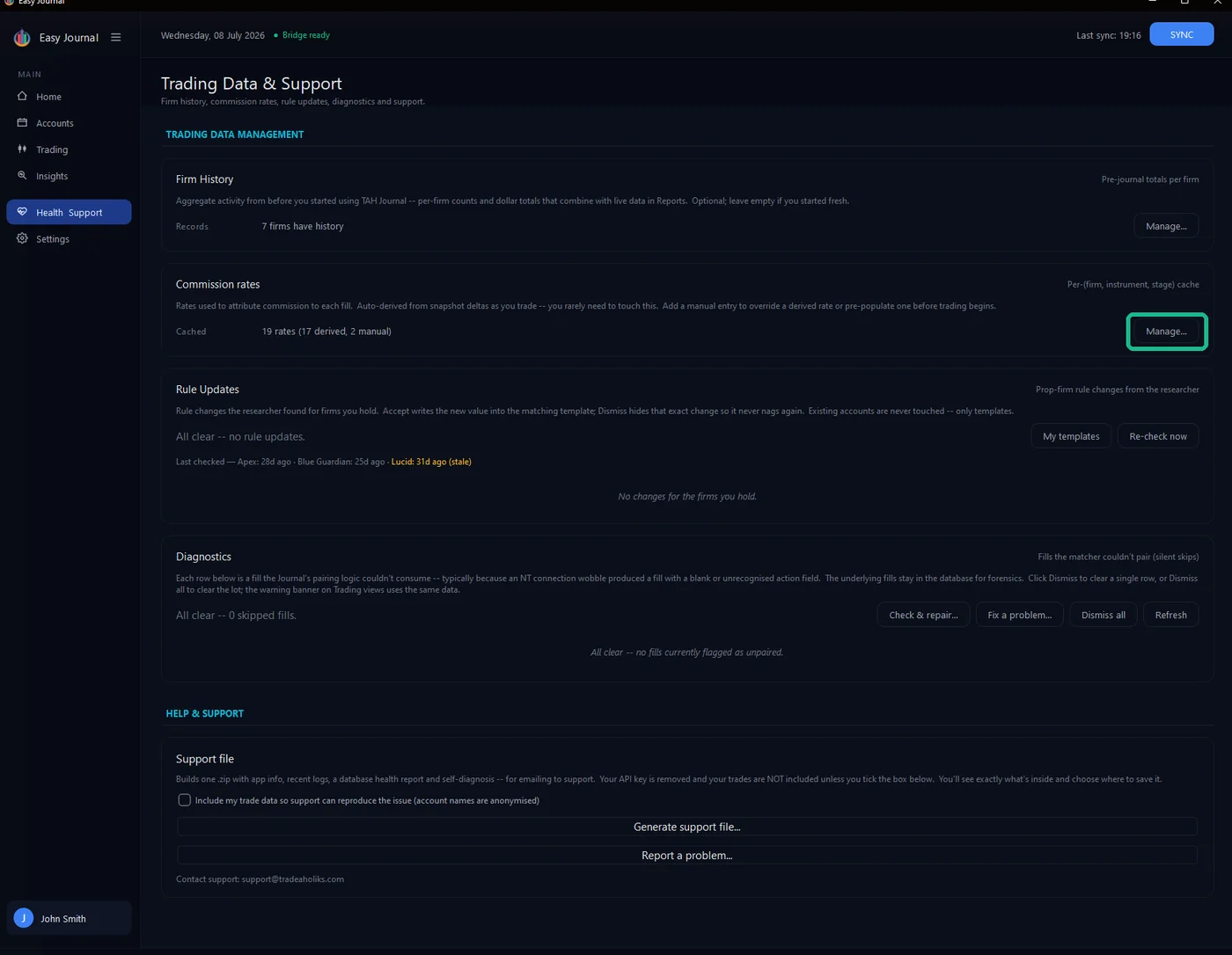 Commission rates live on the Health & Support view.