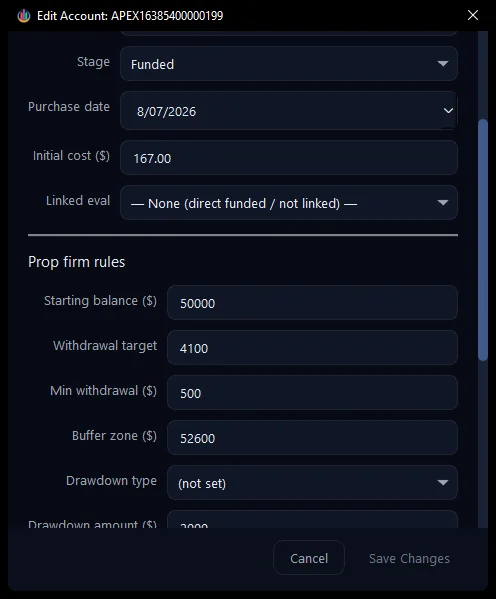 The Prop firm rules — buffer zone $52,600 and min withdrawal $500.