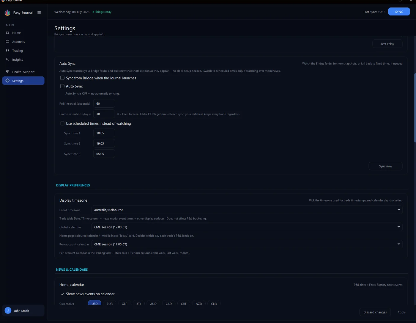Auto Sync options and the Display timezone section.