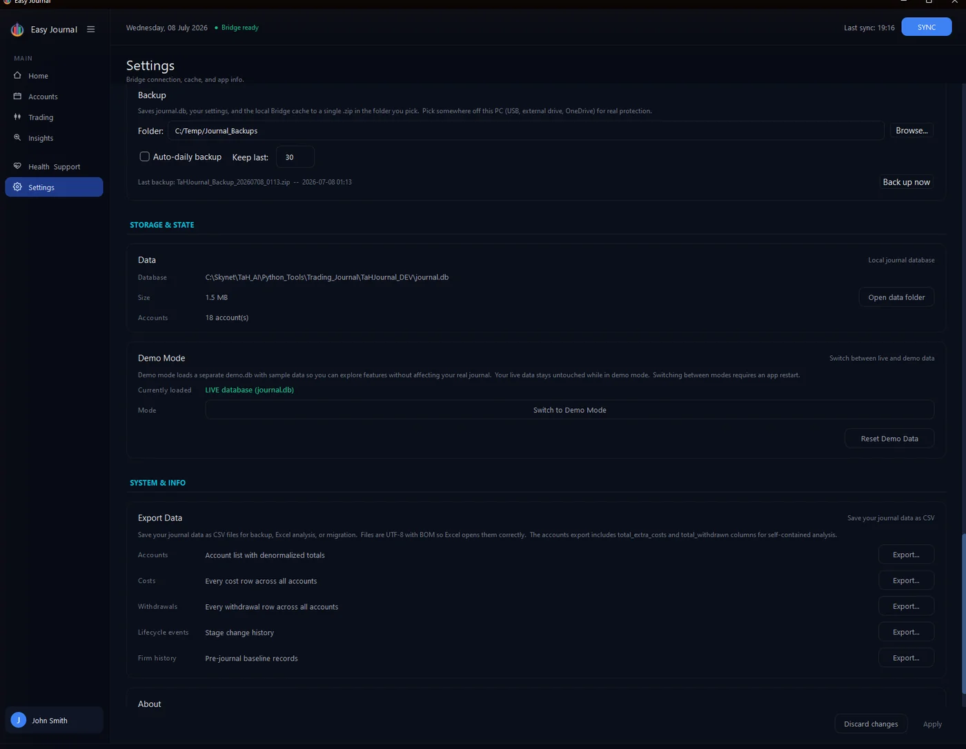Data location, Demo Mode, CSV export and the About section.